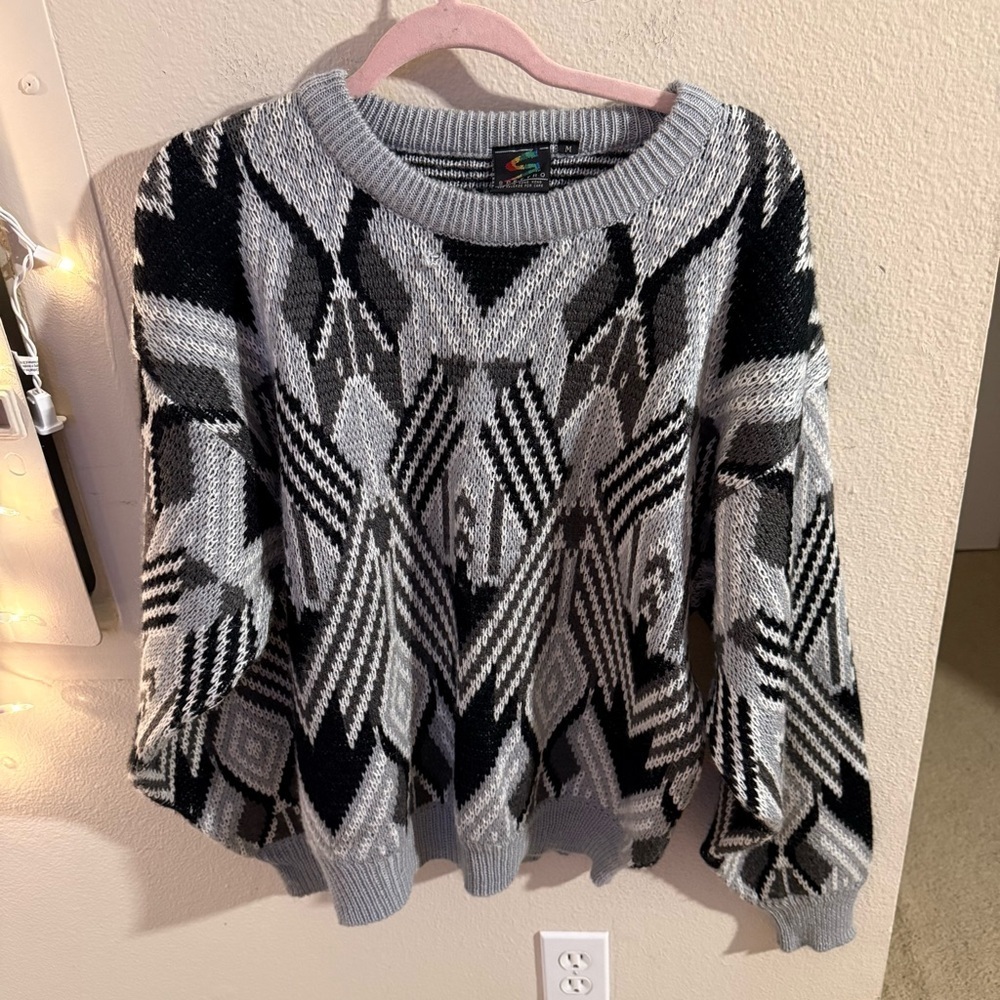 Vintage Spettro Geometric Sweater 90s Coogi Style Knit Gray Black Medium